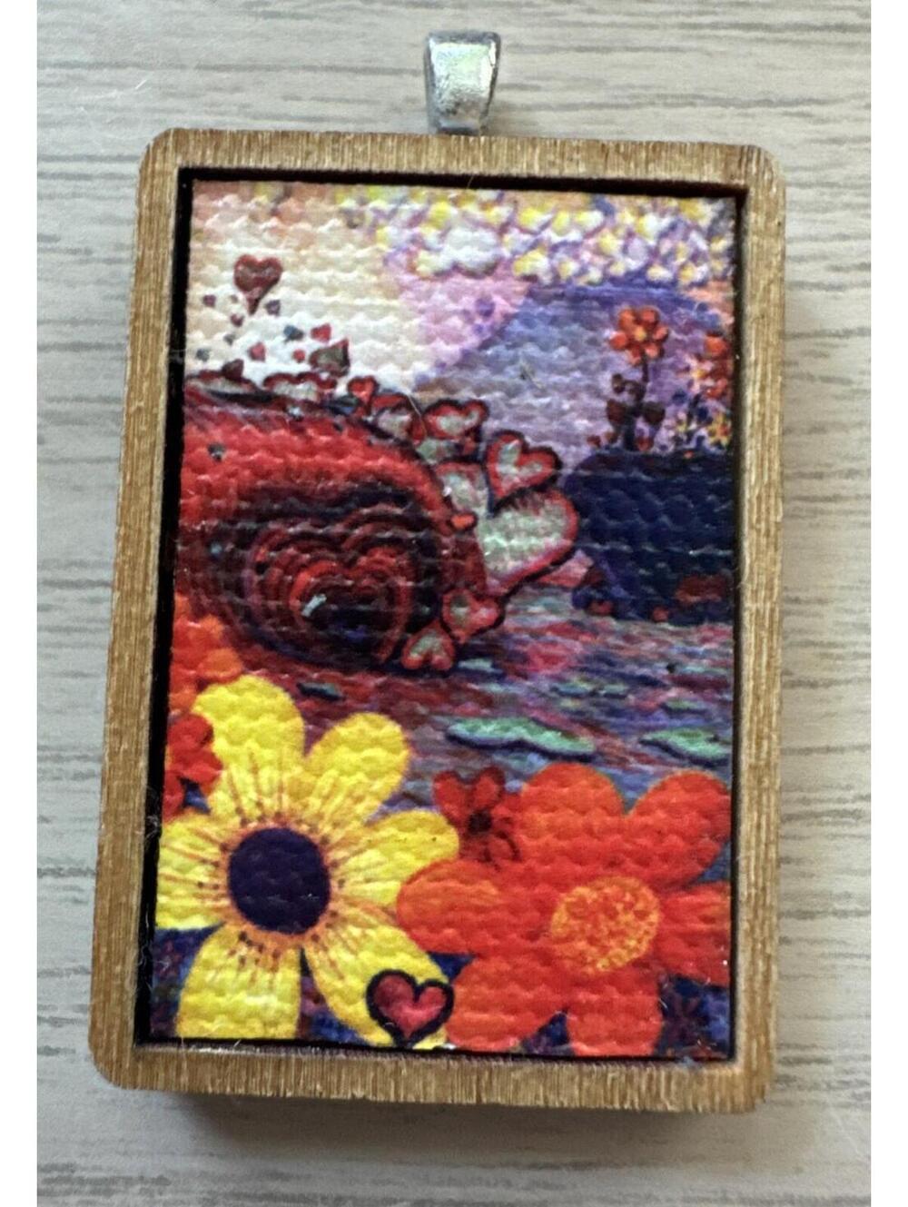 FouryaStoked Hand Crafted California Mini Wood Pendant Charm Floral Heart Art